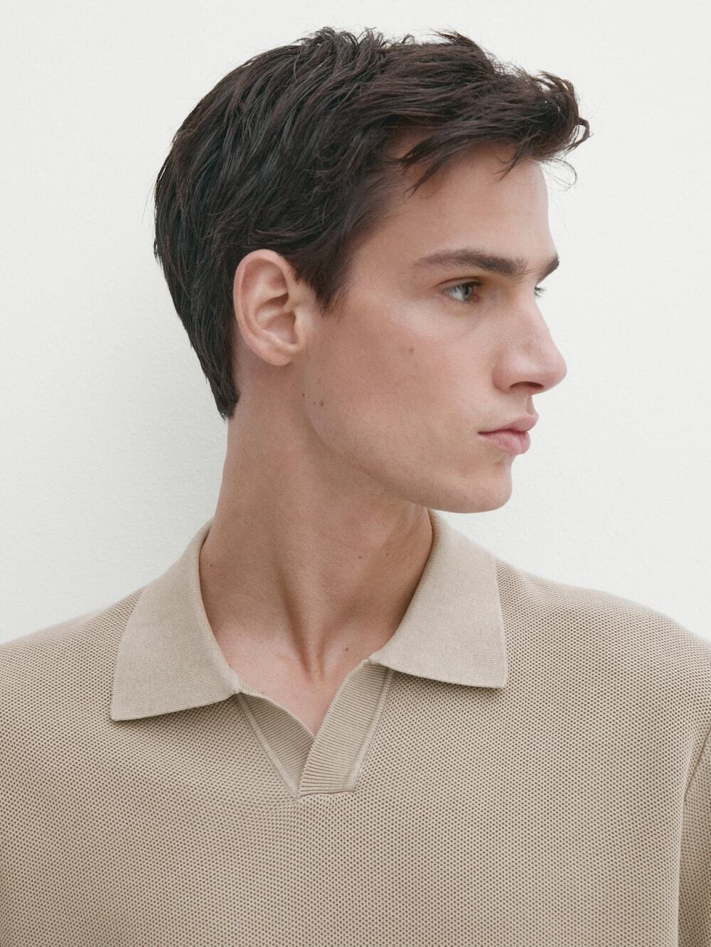 Massimo Dutti Свитер с воротником поло и короткими рукавами, хаки