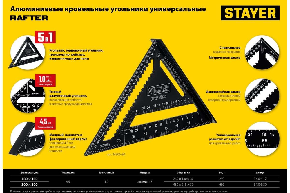 Универсальный кровельный угольник STAYER Rafter 5-в-1 305 мм 34306-30