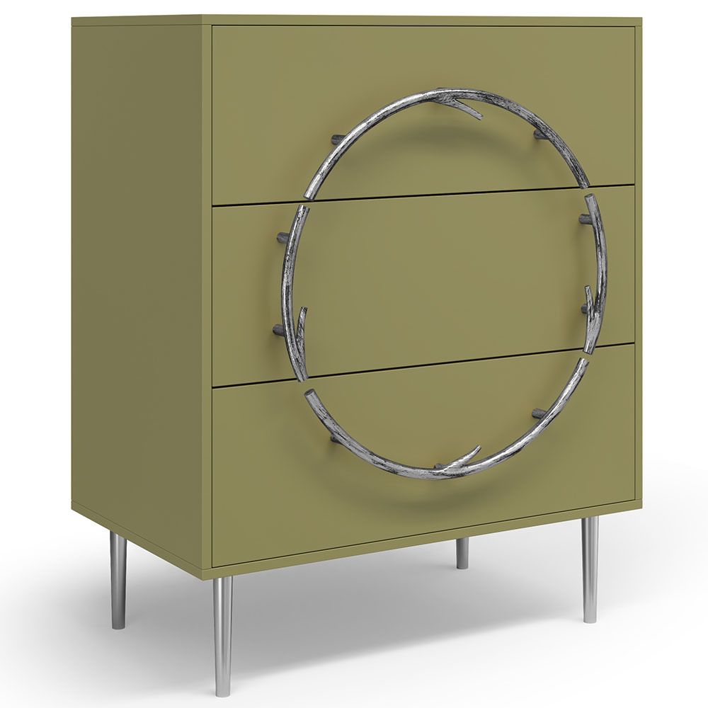 Комод Арт Колор matte Стайл Сильвер с 3 ящиками Зеленая олива матовая