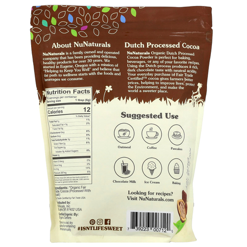 NuNaturals, органический какао-порошок, 454 г (1 фунт)