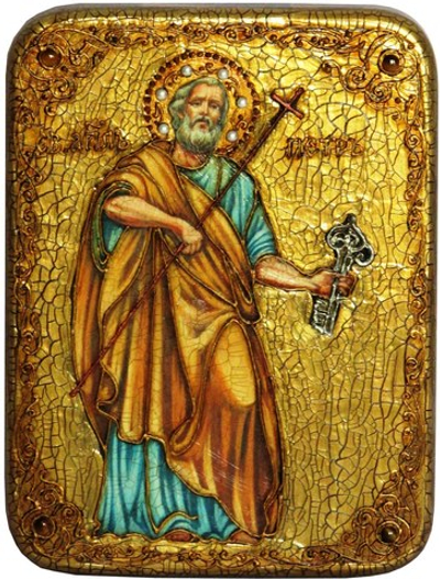 Инкрустированная икона Первоверховный апостол Петр 20х15см на натуральном дереве в подарочной коробке