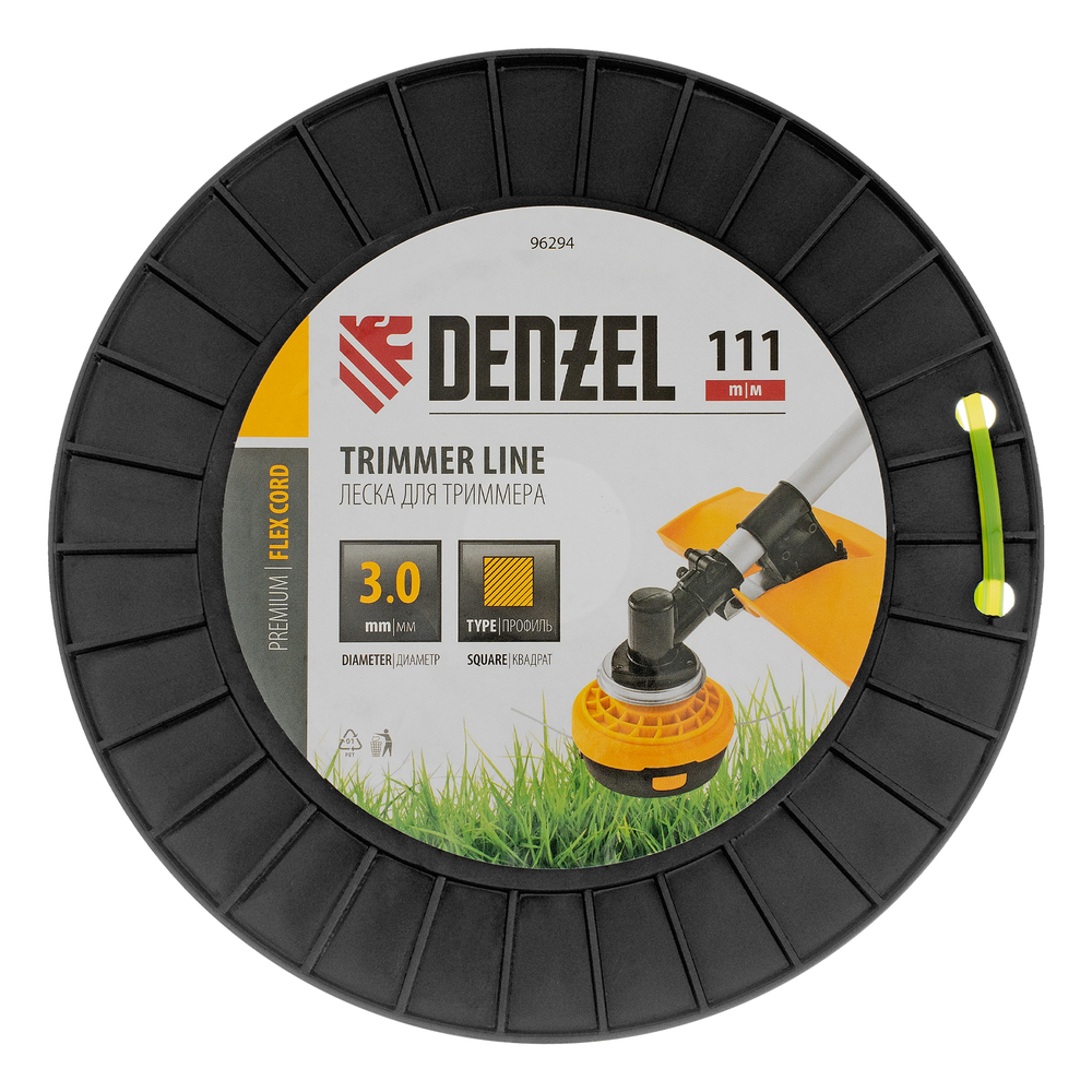 Леска для триммера квадрат, 3,0мм х 111м, на DIN катушке FLEX CORD Denzel