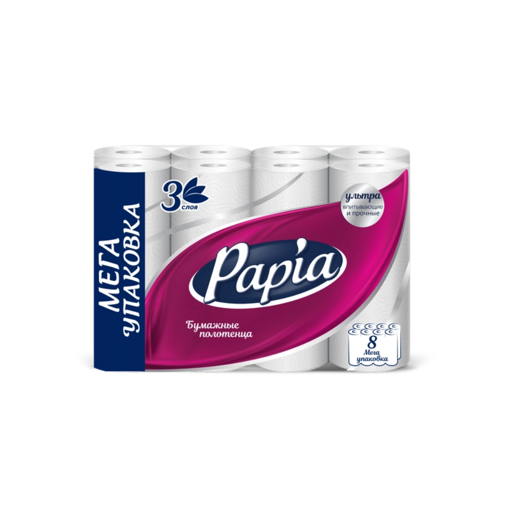 Бумажные полотенца Papia 3 слоя 8 рулонов