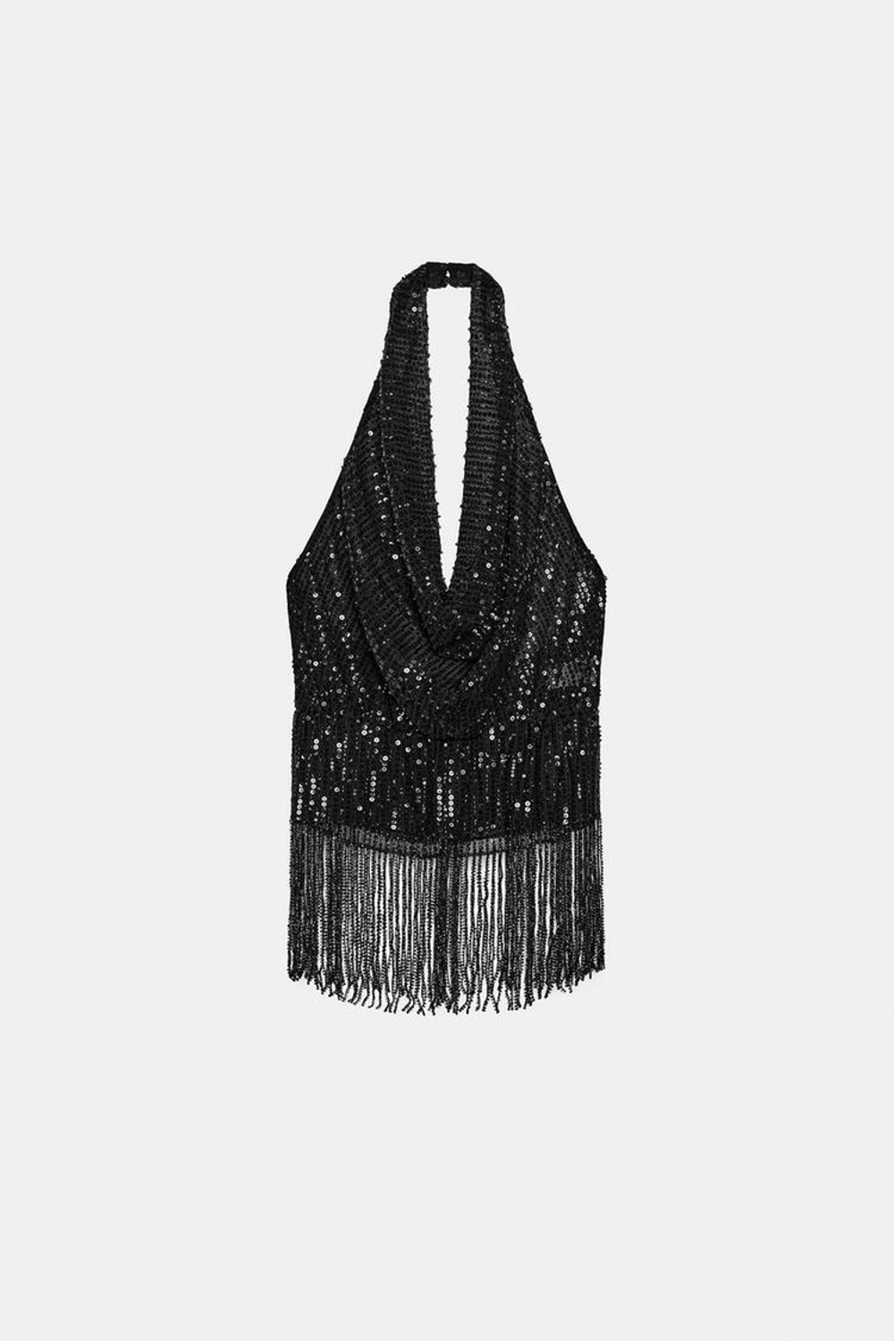 ZARA ТОП С ГОРЛОВИНОЙ ХАЛТЕР, БАХРОМОЙ И ПАЙЕТКАМИ, ЧЕРНЫЙ