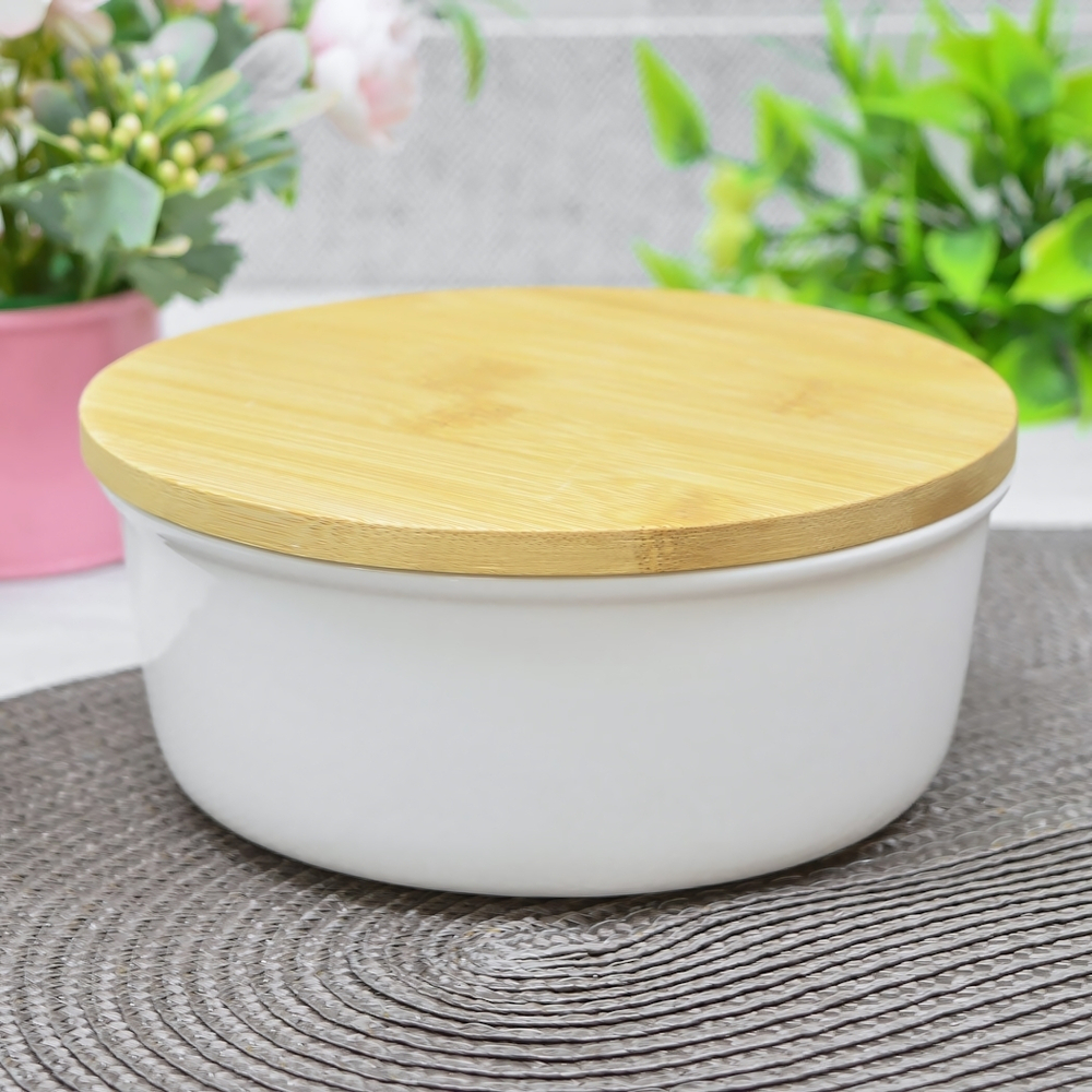 Блюдо для запекания 16см круглое с бамбуковой крышкой, фарфор