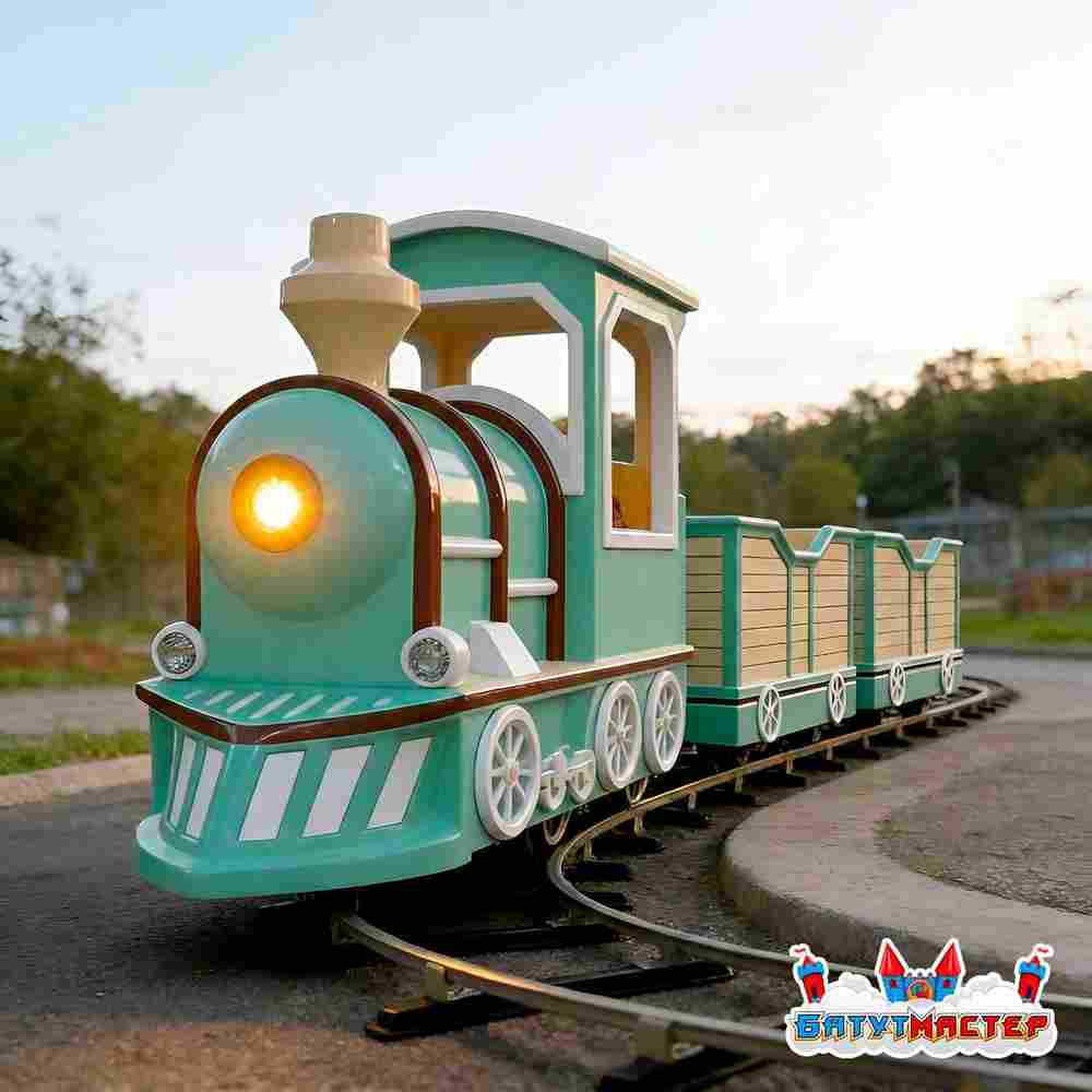 Рельсовый аттракцион для детей «Бирюзовый мечтатель», 4 кабинки 7 мест