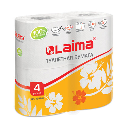 Бумага туалетная бытовая, спайка 4 шт., 2-х слойная, (4×19 м), LAIMA, белая, 4 упаковки.