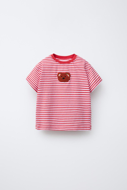 ZARA ФУТБОЛКА В ПОЛОСКУ С НАШИВКОЙ, КРАСНЫЙ