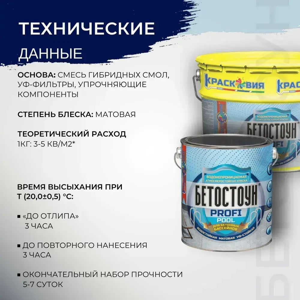 Краска для бассейна Бетостоун PROFI POOL, водостойкая эмаль, матовая, RAL 5012, 3 кг.