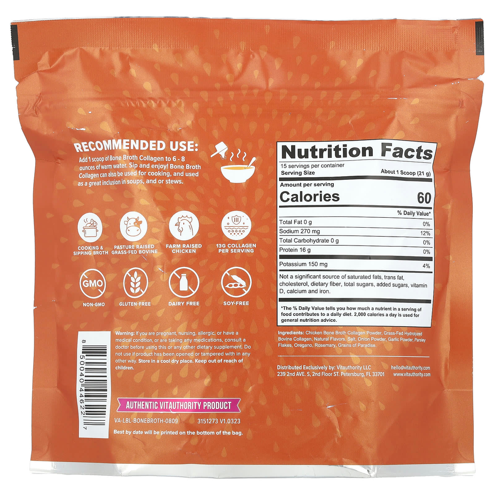 Vitauthority, Bone Broth Collagen, куриная лапша, 310 г (10,9 унции)