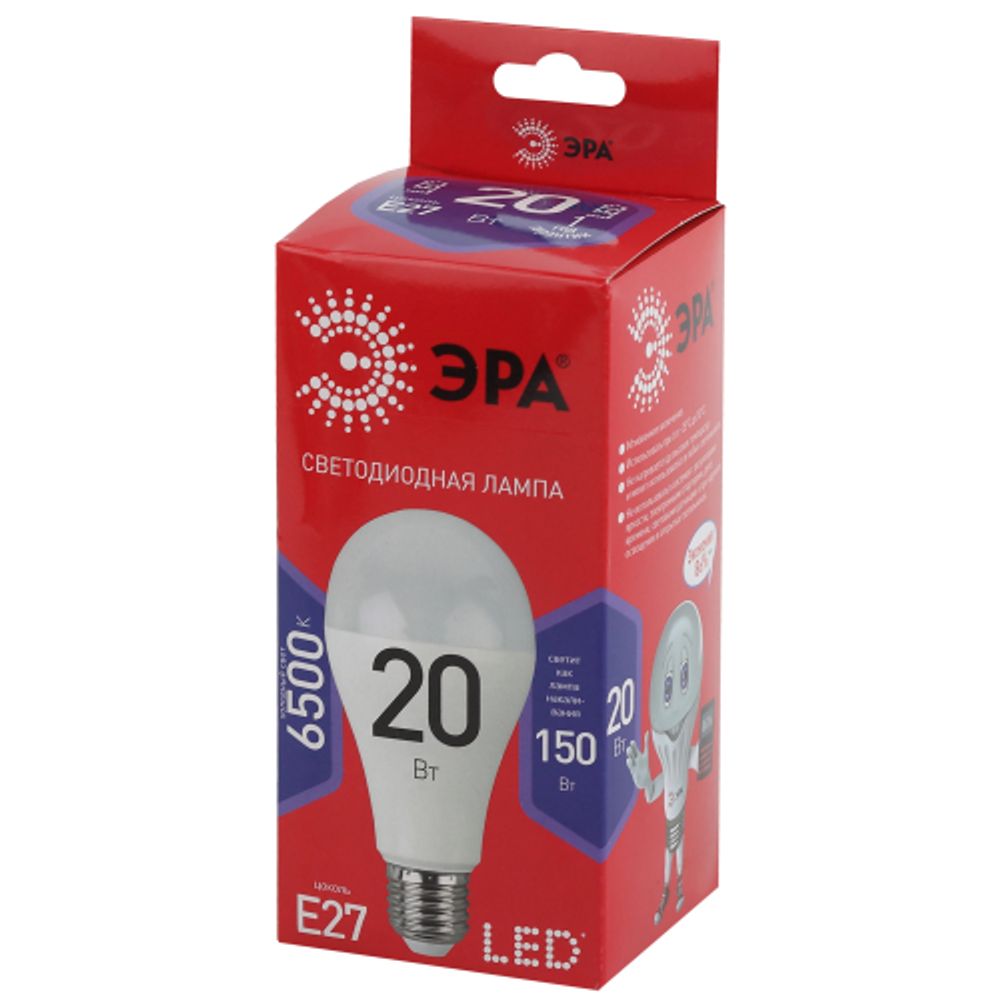 Лампа светодиодная ЭРА RED LINE LED A65-20W-865-E27 R 20Вт груша холодный дневной свет Е27 | Лампы cветодиодные Груша (A)