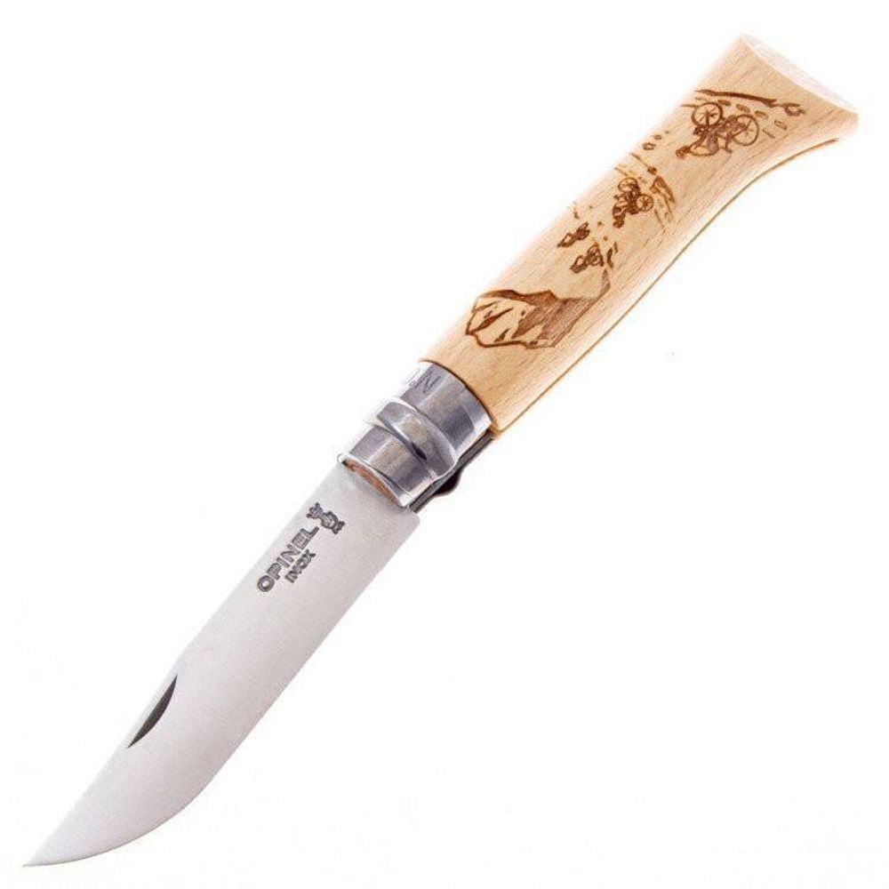 Нож Opinel №8, нержавеющая сталь, рукоять дуб, гравировка горный велосипед