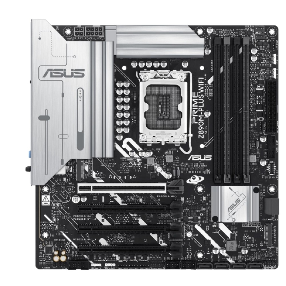 Материнская плата ASUS PRIME Z890M-PLUS WIFI (Socket 1851, mATX, 4xDDR5(192GB), DP / HDMI, 1xPCIe 5.0x16 / 3xPCIe 4.0x16 / 1xLAN (2.5GbE), Wi-Fi, BT, 6xSATA 6Gb / s, 3xM.2, 1xType-C, 7xUSB 3.2)