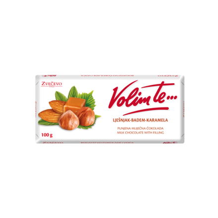 Volim te... mlečna čokolada lešnik, badem,karamela