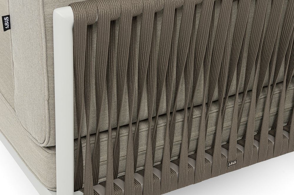 "Касабланка" угловой модуль плетеный из роупа, каркас алюминий светло-серый (RAL7035) муар, роуп серо-коричневый 23мм, ткань бежевая 15052