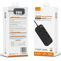 LDNIO удлинитель сетевой фильтр с умной зарядкой, 2500 Вт, модель SE6403, 2 метра, 4 USB, тройник разветвитель с заземлением и выключателем, черный