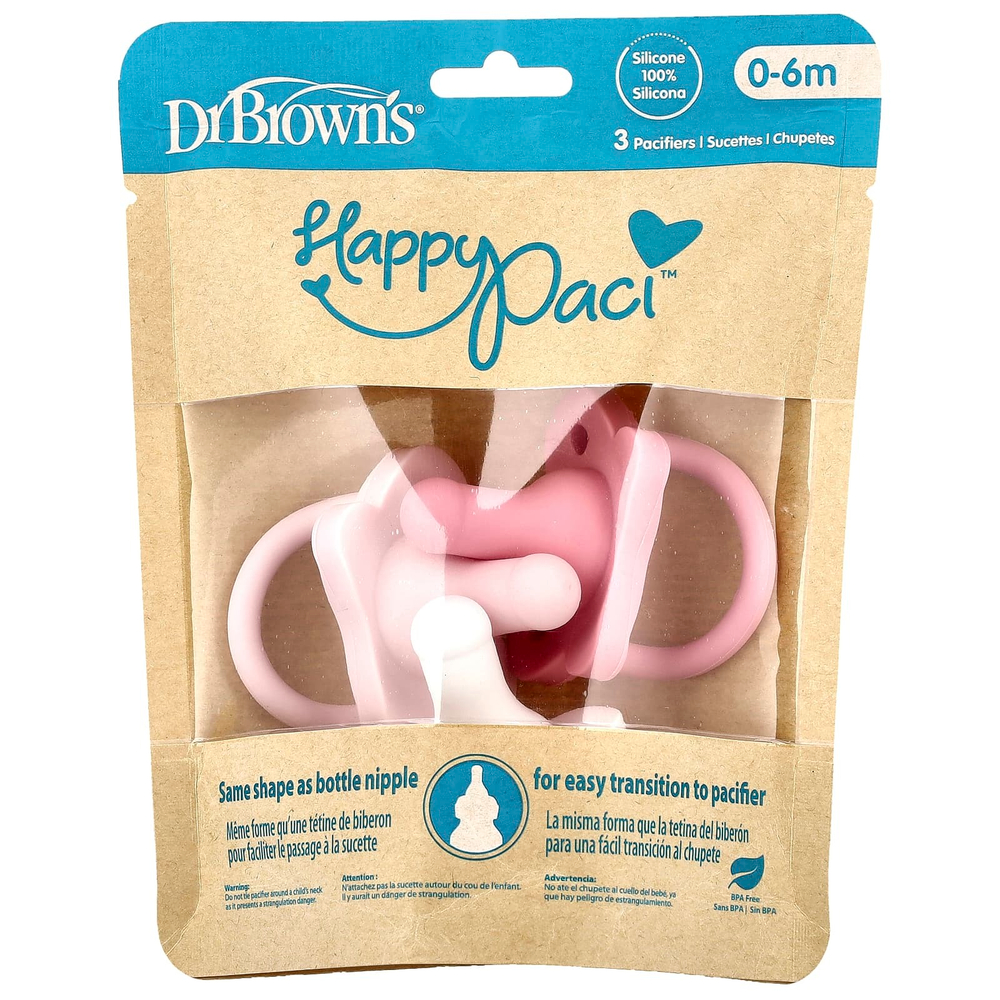Dr. Brown's, HappyPaci™, соска, для детей 0–6 месяцев, розовая, светло-розовый и белый, 3 шт.