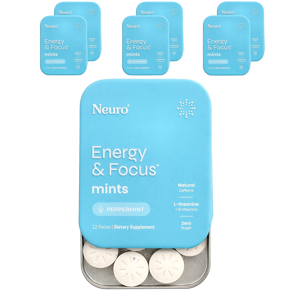 NeuroGum, мятные конфеты, энергия и концентрация, перечная мята, 6 пакетиков по 12 шт.