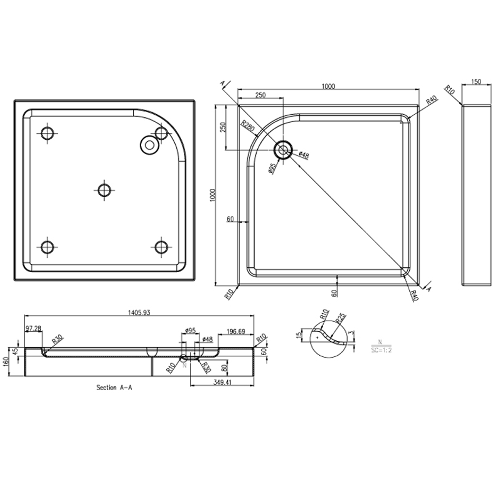 Душевой поддон Azario 1000х1000х150 R/L, для GREENWOOD 1000, NAG 1221 1000