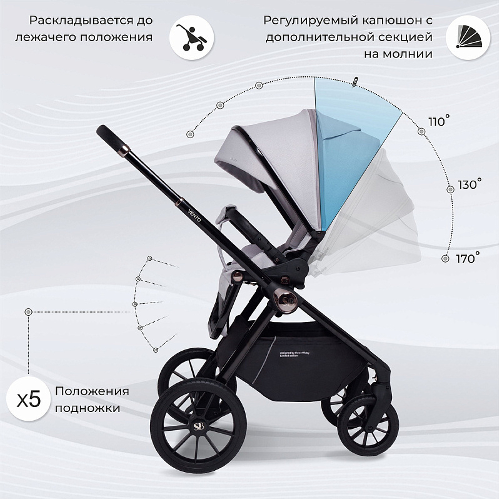 Детская коляска Sweet Baby Vento Black 3 в 1 Grey