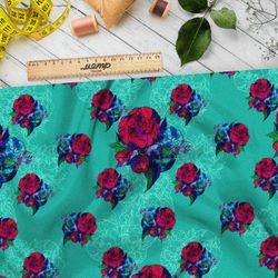 Ткань дюспо красно-синие цветы на бирюзовом