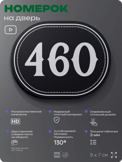 Номерок на дверь квартиры 460, для кабинета, офиса, шильдик 9 х 7 см, черный, Айдентика Технолоджи