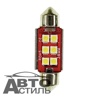 Светодиод 12V T11x36   6SMD 3030 WHITE CAN 0.7W (салон) на красном фоне с радиатор Y0002-36