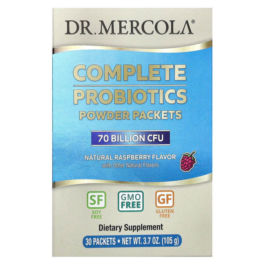 Dr. Mercola, комплекс пробиотиков в виде порошка в пакетиках, натуральный малиновый вкус, 70 млрд КОЕ, 30 пакетиков, по 3,5 г (0,12 унции) каждый