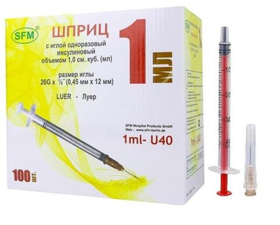 Шприц U-40 трехкомпонентный Luer 1 мл 26G 0,45 ⨯ 12 мм 1 шт SFM