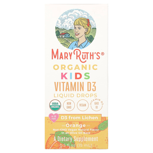 MaryRuth's, Organic Kids Vitamin D3, жидкие капли, для детей от 4 до 13 лет, со вкусом апельсина, 640 МЕ, 15 мл (0,5 жидк. Унции)