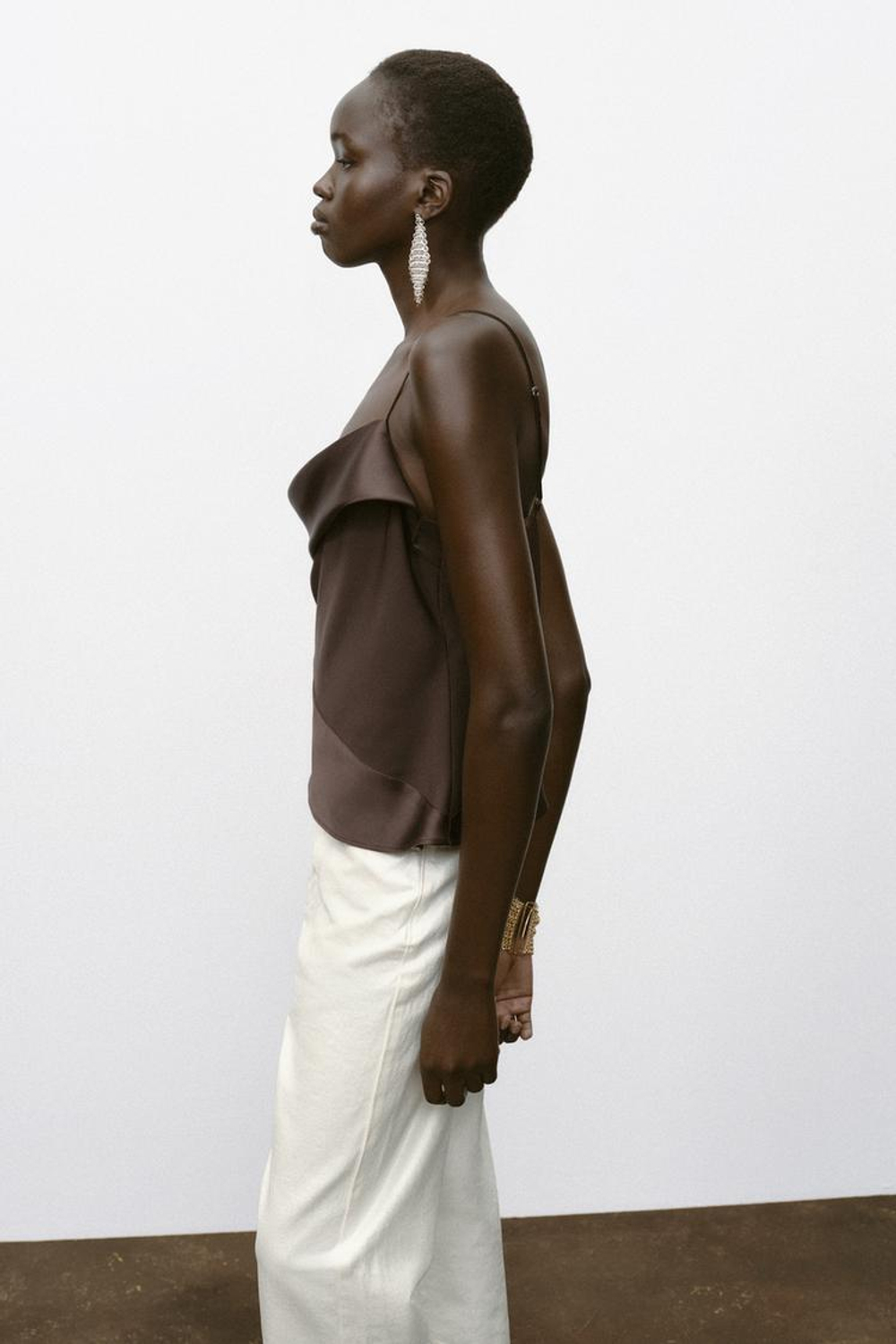 ZARA ТОП В БЕЛЬЕВОМ СТИЛЕ ИЗ КОМБИНИРОВАННОГО АТЛАСА, КОРИЧНЕВЫЙ