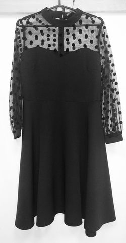 Платье женское горох в горошек по фигуре на работу праздничное повседневное отрезная талия клёш солнце полусолнце осеннее весеннее зимнее офисное чёрное сетка большой размер 48 L XL плотное длинный рукав силуэтное