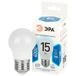 Лампа светодиодная ЭРА STD LED P45-15W-840-E27 15Вт шар нейтральный белый свет Е27 | Лампы cветодиодные Шар (G/P)
