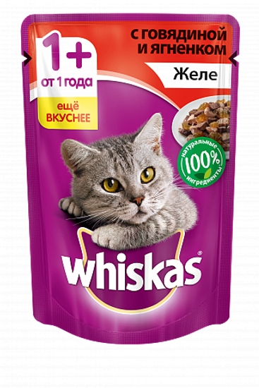 Whiskas пауч желе с говядиной и ягненком 85 гр