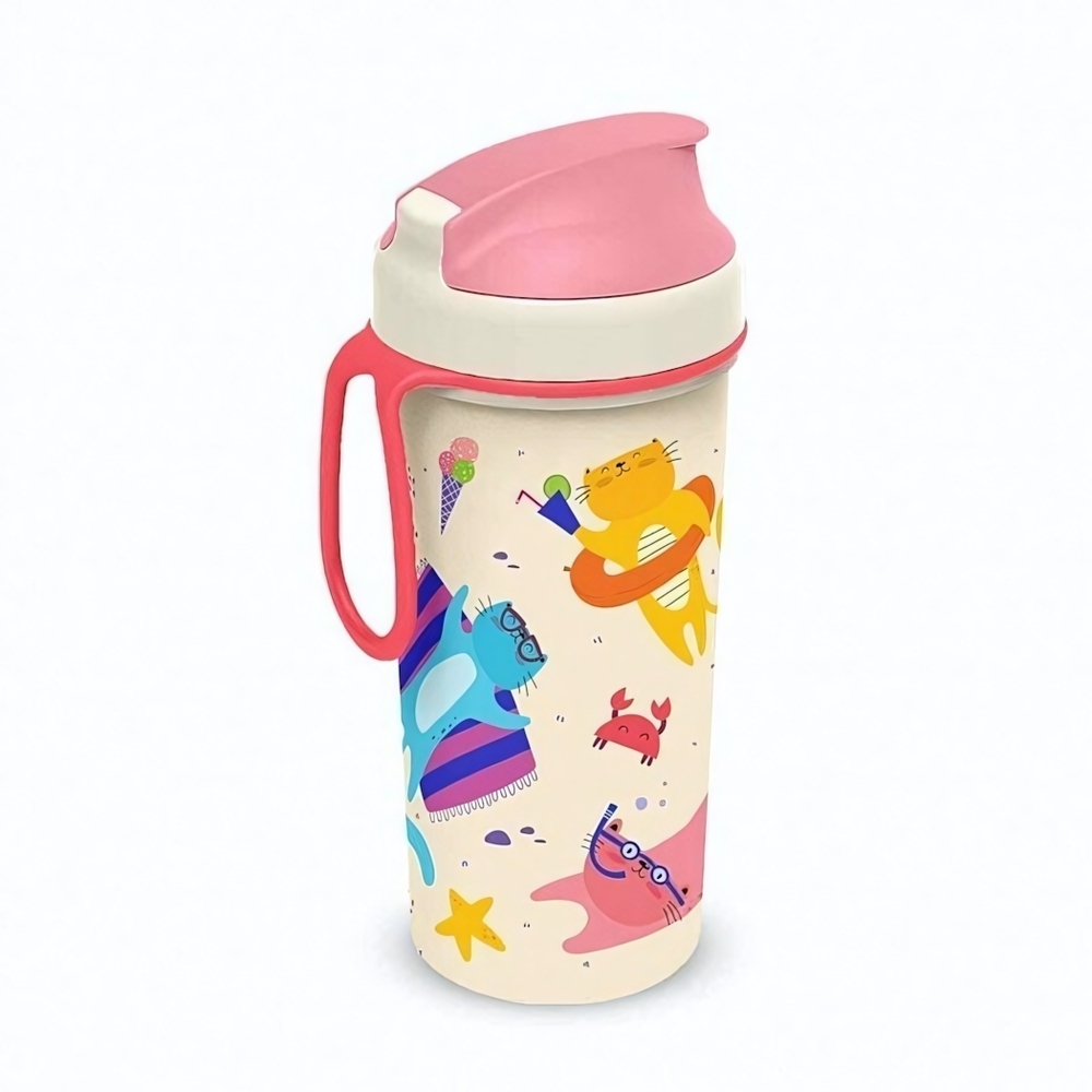 Бутылка детская с декором и петлей "котики" 400мл (розовый)