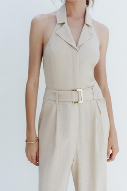 ZARA ДЛИННЫЙ КОМБИНЕЗОН-ХАЛТЕР ИЗ ЛЬНА, ПЕСОЧНЫЙ