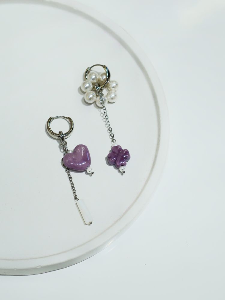 Серьги-трансформеры фиолетовые с сердцем и цветком из керамики