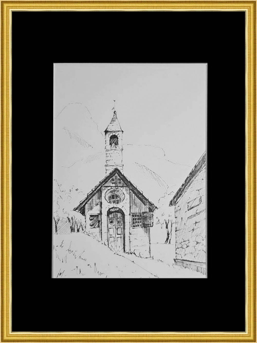 Картина, графика в паспарту 21х30 см на стену для интерьера "Часовня Сен-Жан-Батист-де-ла-Бомет-де-Пеон"