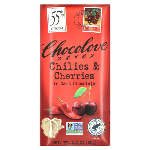 Chocolove, Чили и вишня в темном шоколаде, 55% какао, 90 г (3,2 унции)