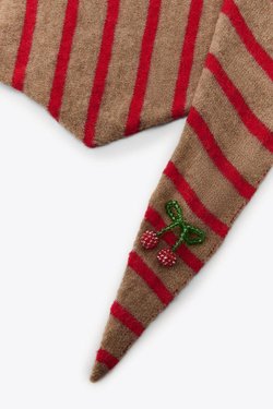 ZARA ВЯЗАНАЯ БАНДАНА В ПОЛОСКУ С ВИШНЯМИ, РЫЖЕВАТО-КОРИЧНЕВЫЙ