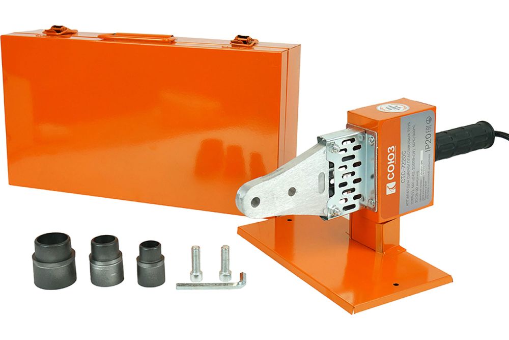 Аппарат для сварки пластиковых труб СОЮЗ СТС-7220С , 2кВ, 3 насадок 20-25-32мм, кейс металл