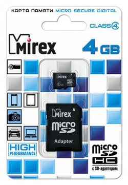 Карта памяти 4GB Class 4 MIREX +SD adapter