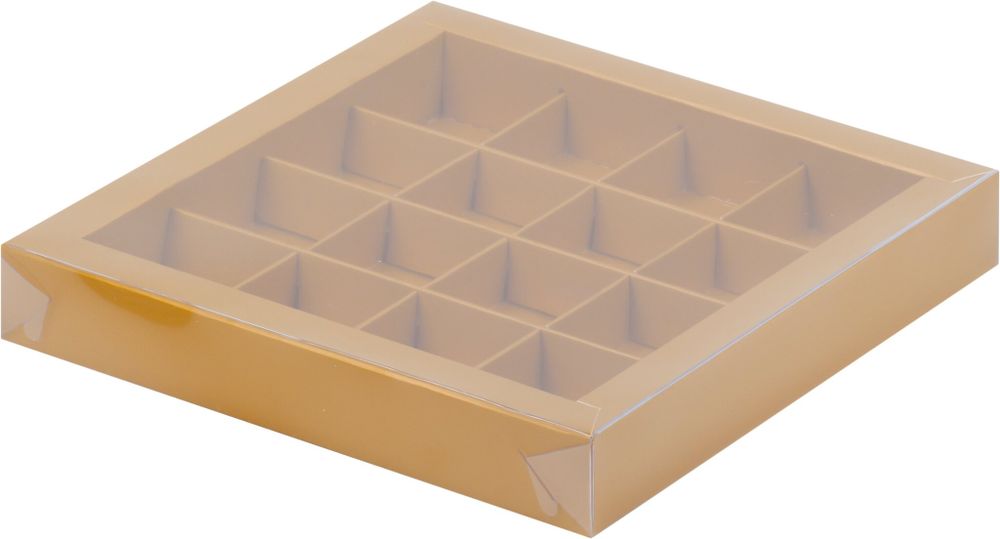 Коробка для конфет с пластиковой крышкой 200*200*30 (16) (золото)
