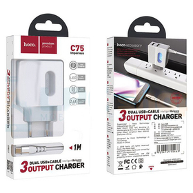 Сетевое зарядное устройство USB Hoco С75 ( 2,4A, 2 порта, кабель Type-C ) Белый