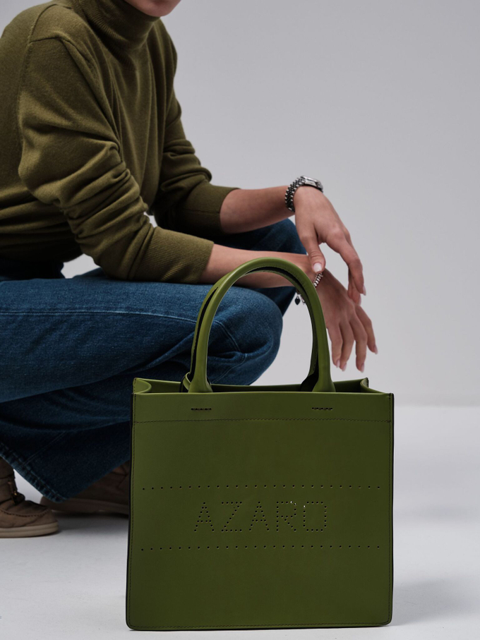 Сумка кожаная шоппер зеленый бамбук