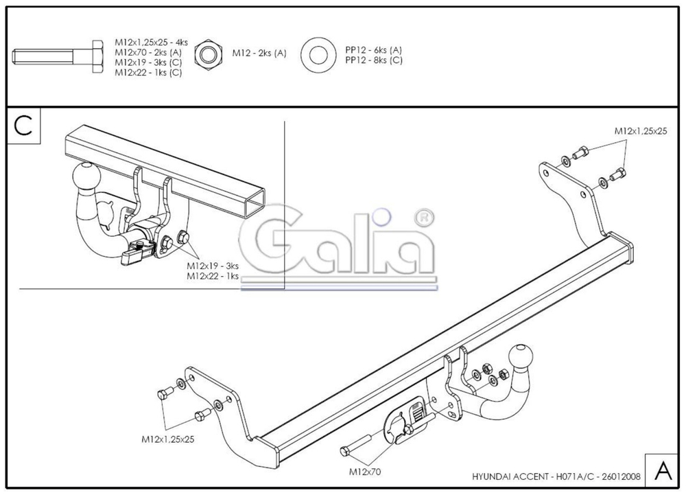Фаркоп оцинкованный Galia H071A для Hyundai Accent 2006-2010(паспорт и сертификат в комплекте)(без электрики)