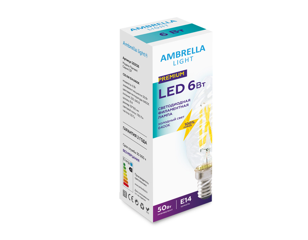 Светодиодная лампа Лампа Filament LED C35 6W E14 6400K (50W) 220-240V