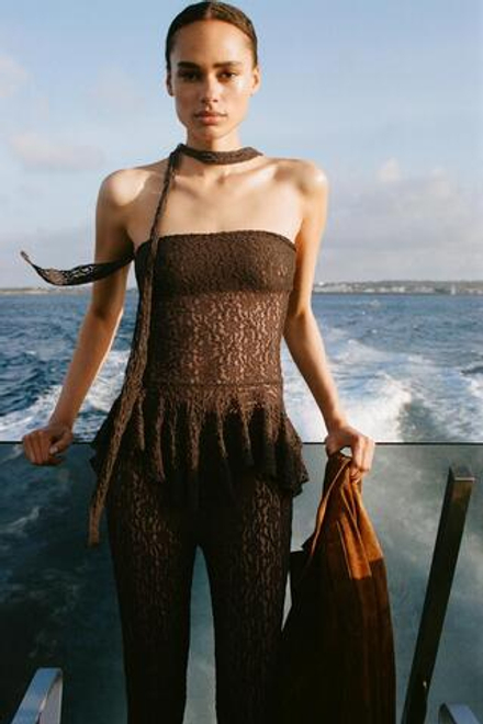 ZARA РАСКЛЕШЕННЫЕ КРУЖЕВНЫЕ БРЮКИ, КОРИЧНЕВЫЙ