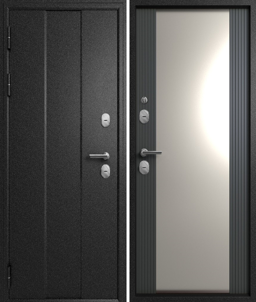 Входная дверь Мегатрон TERMO-6 ЗЕРКАЛО Чёрный букле - Графит софт