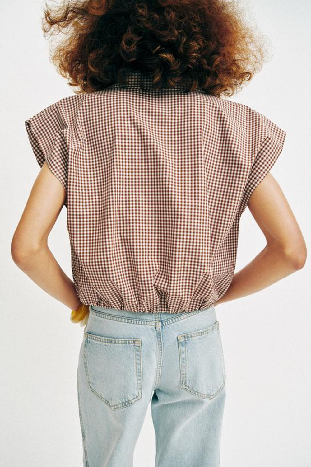 ZARA УКОРОЧЕННАЯ РУБАШКА В КЛЕТКУ ВИШИ, КОРИЧНЕВЫЙ/БЕЛЫЙ